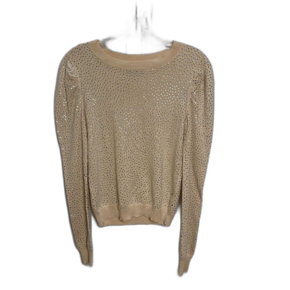 Alice + Olivia Cena Tan Rhinestone Puffed Shoulder Crew Neck Knit Sweater